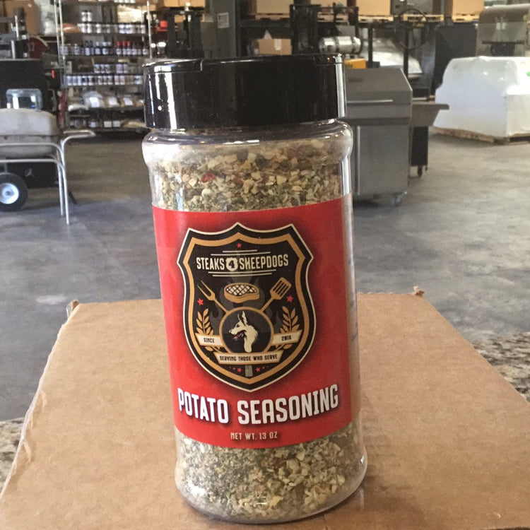 Steaks 4 Sheepdogs Potato Seasoning ideal for BBQ rubs and recipes, perfect for outdoor grills and smoker accessories cooking.