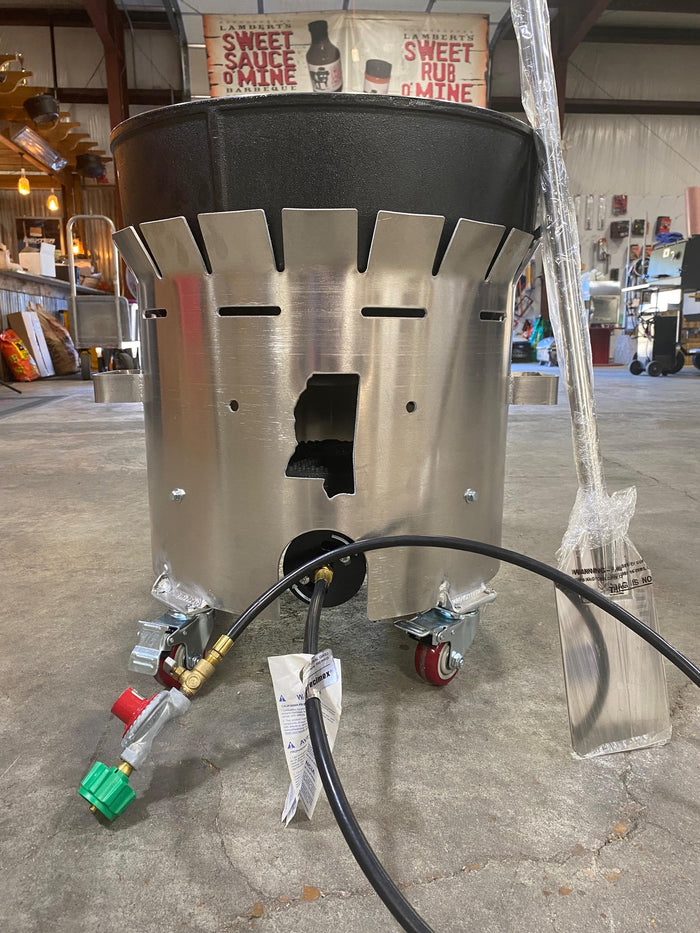 15 Gallon Windproof Aluminum Roll Around Combo with wheels, burner, and gas regulator for outdoor grilling.